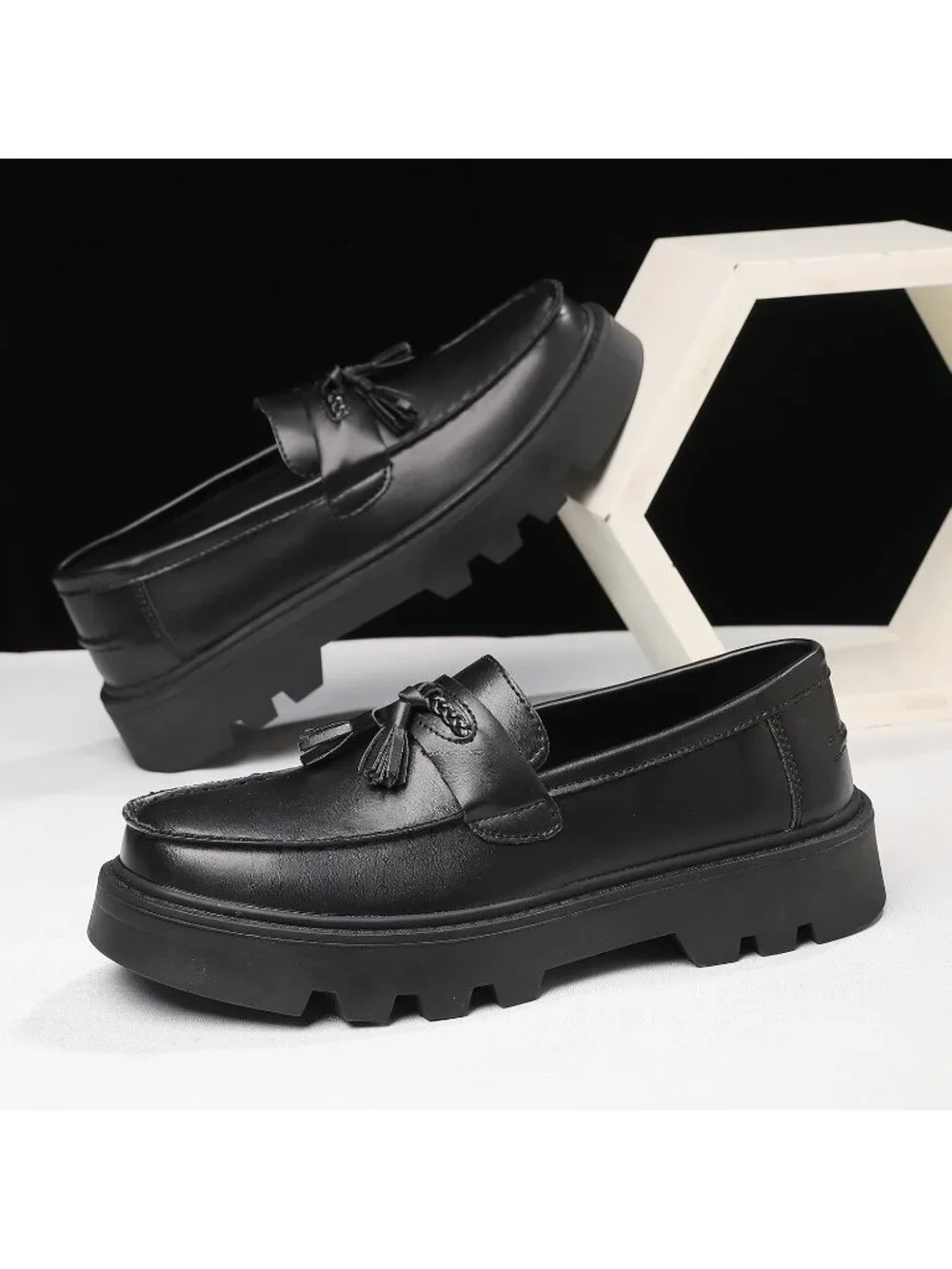 Men's Matte Black Patent Leather Loafers Chunky Heel Tassel Slip On Dress Shoes